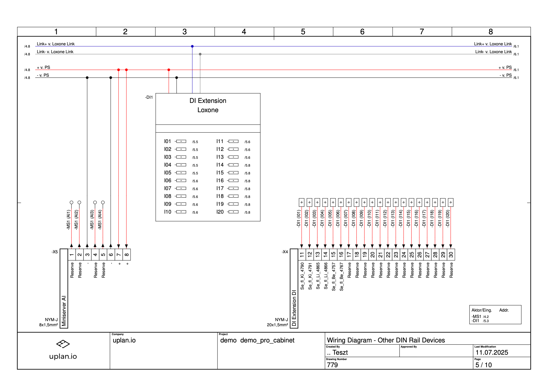 Wiring diagram of a Loxone DI Extension module showing DIN rail device connections, pin numbers, and cable paths for electrical cabinet documentation.