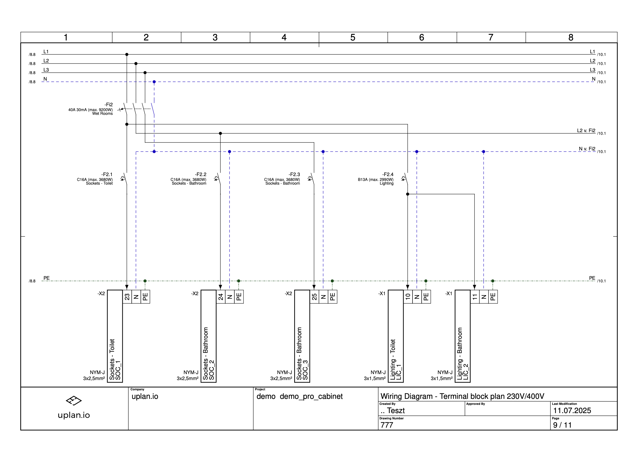 Terminal block wiring diagram for a 230V/400V electrical cabinet, automatically generated with uplan. Shows phase distribution and device connections for multiple circuits.